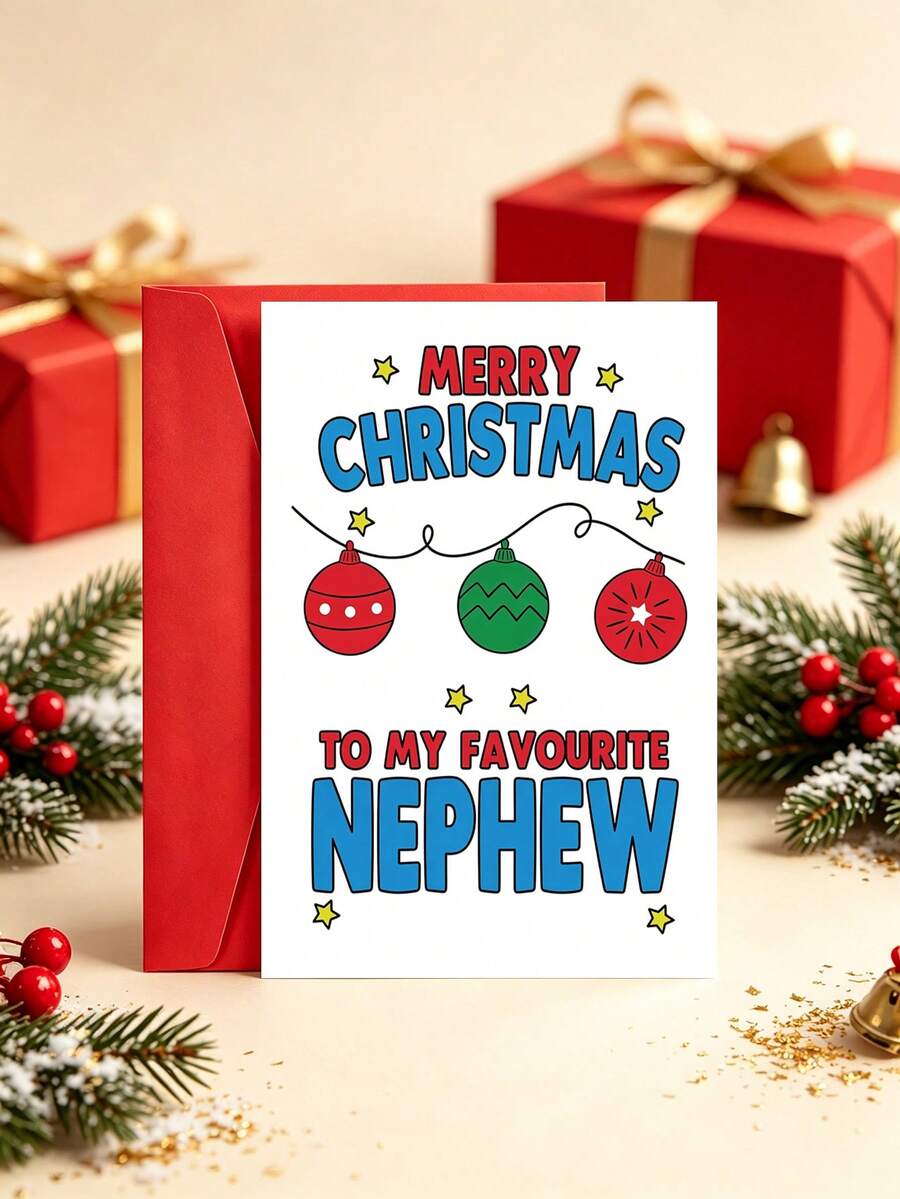 1張附信封聖誕卡「Merry Christmas To My Favourite Nephew」亮眼字體節慶卡,送給姪子/外甥與家人的節日禮物,內頁空白 - A - 查看 1