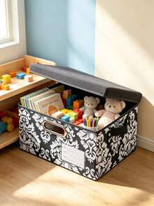 1pc European Style Printed Linen Storage Box With Lid, Foldable Multi-Size Wardrobe Organizer, Suitable For Clothing, Home Decor Container, Storage Room Organization And Daily Clutter Storage - Black and White - View 2