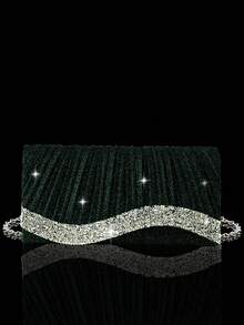 REMANLAND 4pcs Evening Jewelry Set With Rhinestone, Luxury Rhinestone Pleated Clutch Bag, Elegant Women's New Shoulder Evening Bag, Paired With Sparkling Rhinestone Pendant Jewelry Set, Rhinestone Pendant Necklace, Earrings, Bracelet, Suitable For Party, Wedding, Ball, Evening Event, Gathering - Dark Green - View 2
