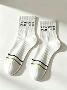 5 Pairs Random Mid-Calf Socks For Men, Casual Sports Style, Minimalist Letter Stripe Ribbed Hollow Out Breathable Sweat-Absorbing, Suitable For Commuting And Daily Wear - Multicolor - View 8