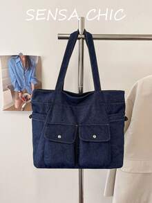 Bolso Tote de Denim Azul Profundo Lavado unicolor, Uso Dual de Mano & Hombro, Múltiples Bolsillos con Broches, Estilo Casual Coreano Bolso Grande para Viajes Diarios, Estudiante & Trabajador de Oficina, Escuela, Viajes, Duradero, Versátil, Bolso de Hombro Ins talla grande Vendido - Azul lavado oscuro - Ver 4
