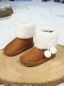 1 Pair Kids Winter Snow Boots, Fashionable Minimalist Design With Ball Pendant, Student Children Boots - Khaki - View 2