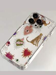 1 Piece Of Retro Embroidered Leopard Heart Eye Transparent Phone Case Suitable Compatible With Apple 11/12/13/14/15/16/17PROMAX - Multicolor - View 2