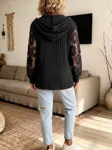 Plus Size Women's Ribbed Knit Drawstring Hooded Top, Floral Lace Patchwork Long Sleeve V-Neck Loose Pullover, Autumn Bohemian Style Casual Vacation Blouse - Black - View 2