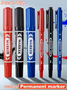 10PCS/5PCS Black Blue Red 3-Color Dual-Tip Oil-Based Permanent Marker Set With Slant Nib&Fine Nib–Perfect For Classroom Notes, Office Documents, Art Projects, Teacher Grading, Student Journals, Back-To-School Must-Have - Sets - View 3