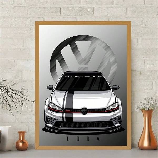 1PC White Stripe Volkswagen Golf GTI Unframed Poster, Front View Cartoon Car VW Brushed Metal Logo Print, Wall Art Print For Car Fans Bedroom Garage Home Decor
