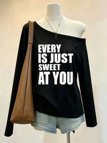Women's Black Polyester Long Sleeve Cold Shoulder T-Shirt, Printed Slogan Graphic, High Elasticity Regular Hem Top, Casual Style - Black - View 5