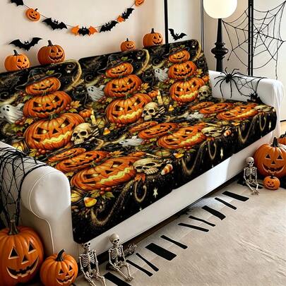 1pc/2pcs/6pcs/8pcs Halloween Horror Pumpkin Elastic Sofa Cushion Cover, Witch Hat Ghost Skeleton Starry Sky Print Sofa Slipcover, Machine Washable Non-Slip, Living Room Apartment Autumn Halloween Soft Decor Sofa Protector, Suitable For Halloween Night Family Gathering, Theme Party, Influencer Homestay Autumn Holiday Decor