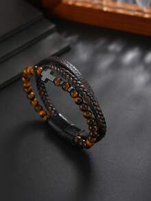 1pc Vintage Multi-Layer Braided Leather Bracelet With Natural Tiger Eye Round Beads And Cross Pendant, Unisex American Street Style Couple Layered Jewelry - Woven Bracelet - View 5