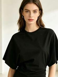 Versatile Black Ruched T Shirt For Women Casual Solid Summer Top Clean Aesthetic Daily School Beach Vacation Home Lounge Basic Tee - 黑色 - 查看 6