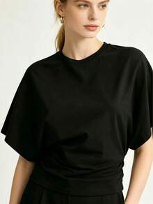 Versatile Black Ruched T Shirt For Women Casual Solid Summer Top Clean Aesthetic Daily School Beach Vacation Home Lounge Basic Tee - 黑色 - 查看 7