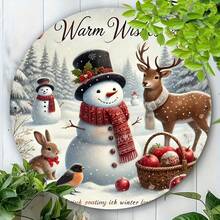 1pc Rustic Farmhouse Christmas Metal Sign, 2D Flat Printed Snowman And Friends Wreath, Suitable For Crafts, Home And Outdoor Holiday Wall Decor, 7.87 Inch Round Holiday Artwork (Random Hole Position) - A - View 3