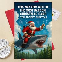 [Christmas Shark Greeting Card] 1pc Unique & Fun Christmas Card - Santa Riding A Shark With Test Tubes, Perfect For Science Enthusiasts, Friends And Colleagues, Holiday Greetings, Featuring Christmas Hat And Glasses Design, Ideal For Christmas Celebrations - Sets - View 6