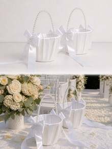 2件組婚禮花童花籃，緞面材質，附可愛珍珠手柄與蝴蝶結，適合婚禮儀式，白色 - 珍珠蝴蝶結花童籃 - 查看 5