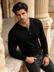 Men's Spring/Autumn New Casual Minimalist Henley Collar Long Sleeve Top, Suitable For Daily Commute And Vacation Wear - Black - View 3