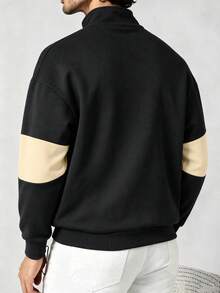 Men's Autumn/Winter Casual Fashion Versatile Colorblock Minimalist English Print Comfortable Half-Zip Long Sleeve Sweatshirt - Black - View 4