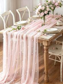 1pc Pink Pearl Tulle Tablecloth, Bohemian Country Style Cheesecloth Table Runner, Suitable For Baby Shower, Wedding, Summer Party, Home Decor, Gift - Multicolor - View 8