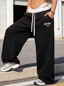Knot & Curve Y2K Women's Double Layer Contrast Color Waist Letter Print Wide Leg Sweatpants, American Style Drawstring Elastic Waist Loose Straight Leg Black Long Pants - Black - View 7