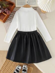 2pcs Young Girls Minimalist Premium 3D Floral Decor Long Sleeve POLO Shirt & Large Bow Leather Pleated Mini Skirt Set, Spring/Autumn - White - View 3