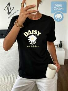 Daisy Fresh Natural Romantic Pastoral Pure Cotton DAISY Daisy And Soft Little Joys Print Women's Short Sleeve Daily Commute Spring/Summer - Black - View 2
