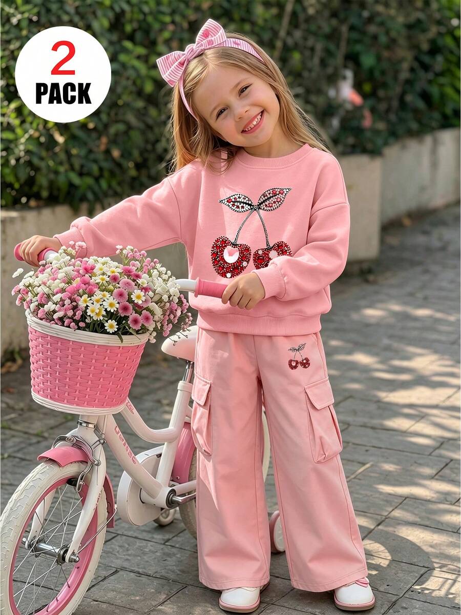 2pcs Set For Young Girls, With Cherry Pattern Crew Neck Long Sleeve Sweatshirt + Cargo Pants, Soft Fabric Casual Clothings, For Autumn&Wint Wear - Pink - View 1