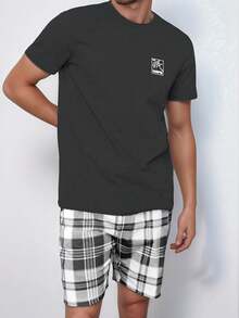 Summer Lightweight Crew Neck Pullover Short Sleeve Two-Tone Plaid Print Shorts 2 Pieces Set Casual Premium Loungewear - Multicolor - View 3