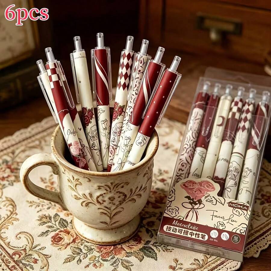 6pcs Red Rose Retractable Neutral Pens Set, Exquisite Highly Attractive Office Supplies, Study Stationery Exam Practice Pens, Reward Stationery, Birthday Gifts And Holiday Small Gifts, Smooth Writing, Medium Tip, Suitable For Office And Daily Use - Rose Pen - View 1
