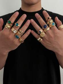 18pcs Vintage Embossed Multicolor Gemstone Ring Set, Heavy Textured Gold Wide Band Rings, Palace Style Unisex Men's Stackable Hand Jewelry - Light Gold - View 3