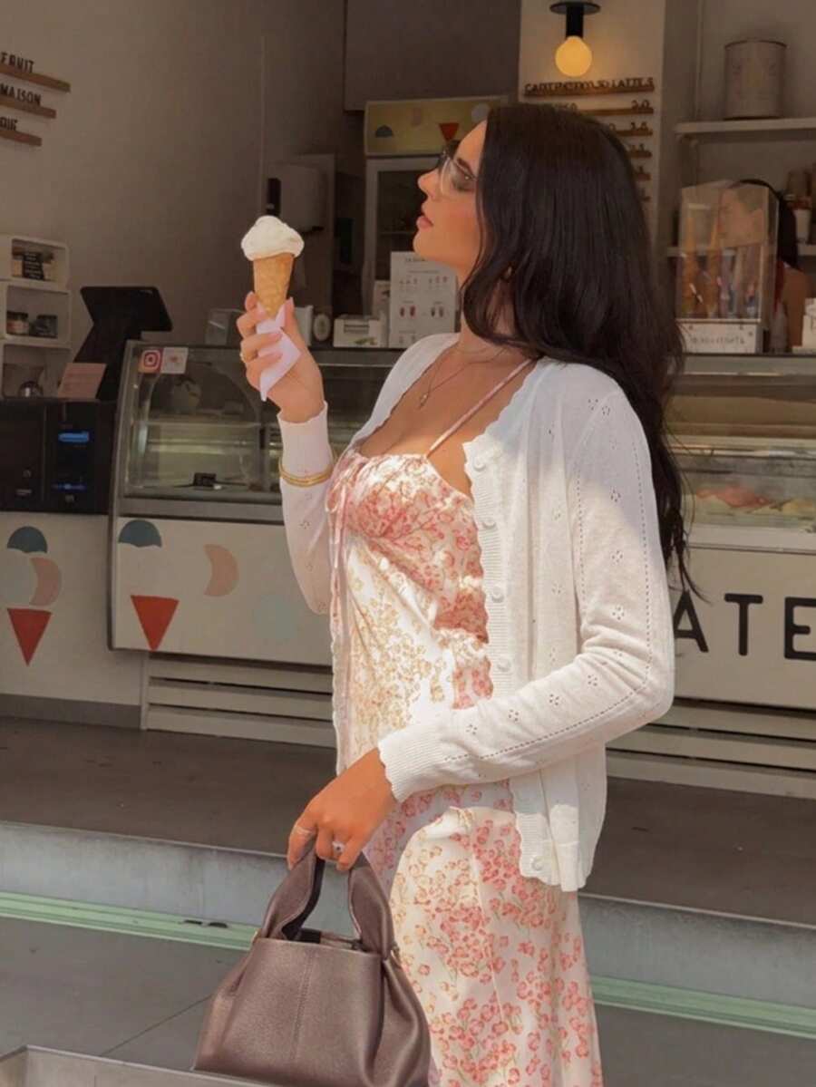 Cardigan de punto calado corto casual de verano para mujer, cuello en V, ajuste regular, botones delanteros, manga larga, blanco, capa ligera dulce y elegante - Blanco - Ver 1