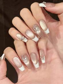 10pcs Medium Almond Handmade Press-On Nails, Pink Base With White French Tips; Simple And Versatile, Suitable For Girls, Women's Daily, Holiday, Party Wear - Pink - View 2