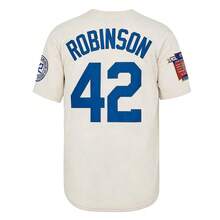 Men's #42 Legendary Jackie Robinson Beige Embroidered Baseball Jersey, 1955 Champion Vintage Commemorative Baseball Apparel, Fan Gift - Beige - View 3