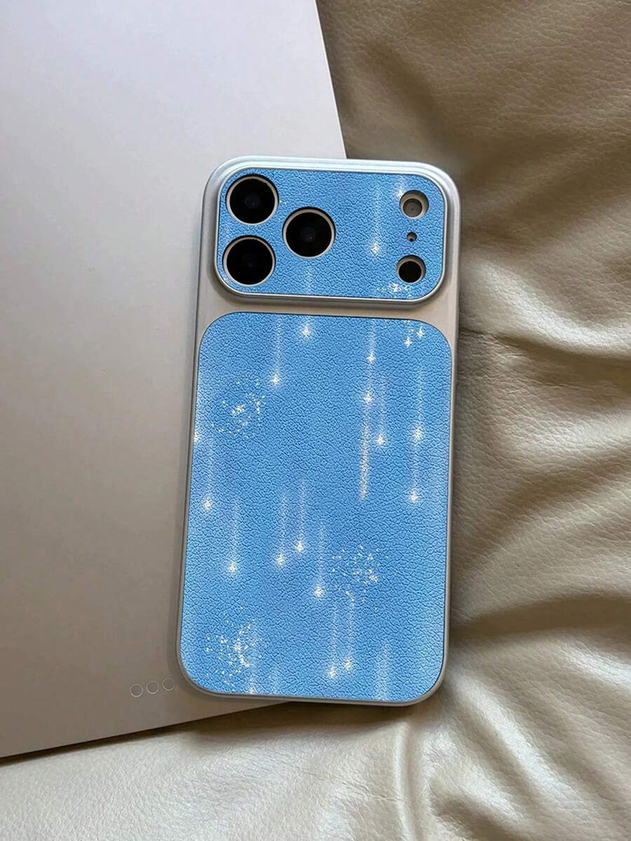 1 buah Casing Ponsel Motif Bintang Jatuh Berkilau Tekstur Kulit Leci Biru Muda dengan Bingkai Perak, Dua Warna, Mengkilap, Lembut, Perlindungan Lensa Jendela Besar Anti Jatuh, Tanpa Rantai, Kompatibel dengan Semua Model Apple, Gaya Korea Ins yang Segar dan Menawan - Perak - View 1