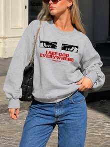 Women's Autumn/Winter New Minimalist INS Letter Print Casual Crew Neck Fashion Versatile Sweatshirt - Dark Gray - View 3