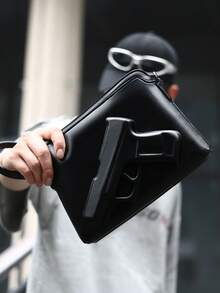 Unisex Crossbody Handbag, Pure Black Smooth PU, 3D Gunflower Embossed, Wide Strap, Wrist Strap, Street, Daily, Party, Travel - Black - View 3