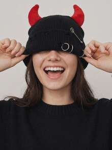 Women's Devil Horn Knit Beanie With Distressed Cuff And Metal Details For Punk Streetwear And Halloween Outfits - Devil Beanie - View 1