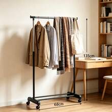 68*40*135cm Single Rod Clothes Rack, Height Adjustable Metal Garment Rack With Wheels, Portable Rolling Clothing Hanger Stand, Space Saving Storage Organizer For Bedroom, Balcony, Laundry Room, Apartment, Easy To Assemble Display Rack - A - View 2