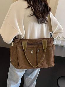 Fashionable Minimalist Large Capacity Multi-Pocket Shoulder Tote Crossbody Bag, Suitable For Business, School, Work And Travel - Brown - View 2