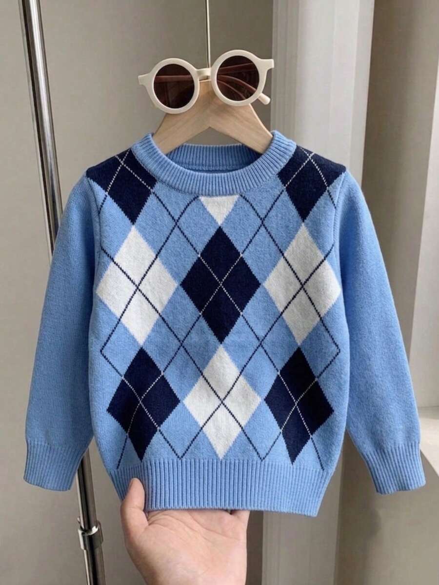 Back To School Season Boys Knit Sweater With Colorblock Plaid Pattern Jacquard Round Neck Long Sleeve Pullover Autumn Winter - Blue - View 1