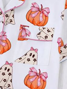 [Halloween]2 piezas Conjunto de pijama para mujer, Estampado de fantasmas de Halloween, Ropa de estar en casa para mujer, Conjunto de vacaciones de primavera/verano, Conjunto de top de manga corta y pantalones cortos - Blanco - Ver 5