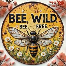 1pc 20.32x20.32cm Round Sign - Vintage Bee & Wildflower Decor With "Free Flying Bees" Quote - Durable Garden, Kitchen, Cafe Wall Art, Suitable For Nature-Inspired Home Decor, Perfect Room Decoration With Random Hole Position - A - View 5