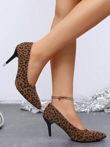 Women's Leopard Print Suede Pointed Toe Stiletto High Heel Pumps, Low Vamp Professional Commute Date Party Comfortable Shoes - Leopard Print - View 3