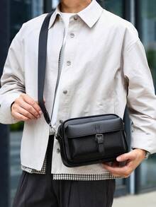 Unisex Crossbody Shoulder Bag, Casual Rectangular Black Litchi Grain Flap With Buckle And Wide Strap, Minimalist Commute Daily Date Travel Bag, Sling - Black - View 4