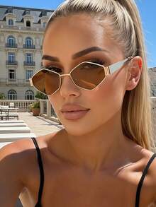 1pc Rhombus Personalized Metal Small Frame Y2K Fashion Glasses - Brown - View 3