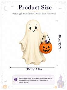 1pc Halloween Cute Trick-Or-Treat Ghost With Pumpkin Candy Bucket Window Sticker, Self-Adhesive Peel And Stick PVC Window Decal, Waterproof Removable Glass Door Decor For Living Room Bedroom Kitchen Kids Room & Halloween Party Home Decoration - Multicolor 2 - View 4