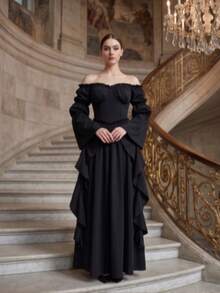 Vintage Medieval Court Style Women's European American Stage Performance Gentle Long Dress, Off-Shoulder Ruffle Bell Sleeve Dress - Black - View 1