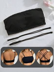 3 Pieces Set: Black Lace-Trimmed, Band-Neck, Strapless Body-Shaping Lingerie With Built-In Cups And Detachable Shoulder Straps For Women. - Black - View 5