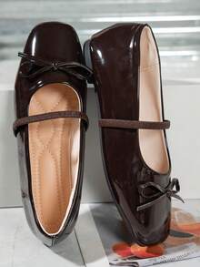 Women's Square Toe Bow Decor Brown Glossy Mary Jane Shoes Elastic Strap Slip-On Ballet Shoes Daily Flat Shoes - Brown - View 3