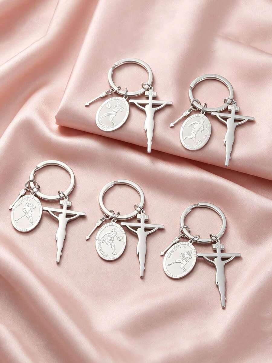 TEAMER 1pc Fashionable Stainless Steel Arrow & Cross Basketball Football Rugby Pendant Keychain, Sports Pattern Commemorative Gift, Can Be Used As Bag Accessory - Sports Series - View 1