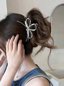 1pc Silver Ribbon Bow Hair Claw Clip, Minimalist Elegant Hair Claw For Back Of Head Updo, Commuter Hair Accessory - Silver - View 3