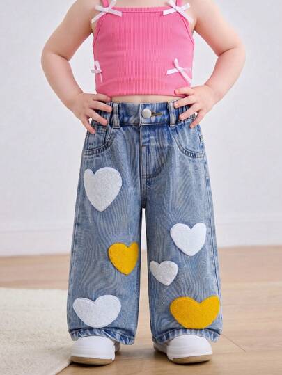 Baby Girl Denim Wide Leg Long Pants, Summer New Casual Cute Light Blue Denim Washed Distressed Craft Yellow & White Fuzzy Heart Patchwork Elastic Waist Loose Wide Leg Fit Lightweight Soft Fine Cotton Denim Fabric